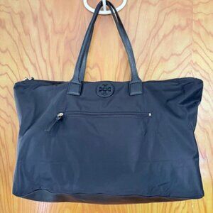Tory Burch Nylon & Saffiano Leather Packable Travel Zip Tote - Black - Large